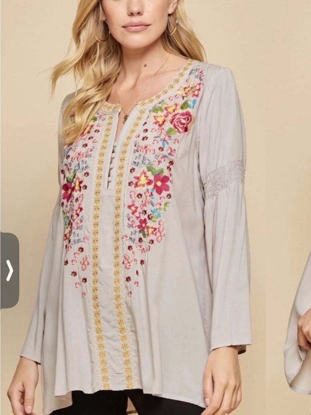 ANDREE BY UNIT Embroidered Floral Tunic - Light Gray with Pink Accents